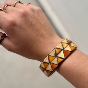 vintage brass and bone inlay hinged bangle bracelet
